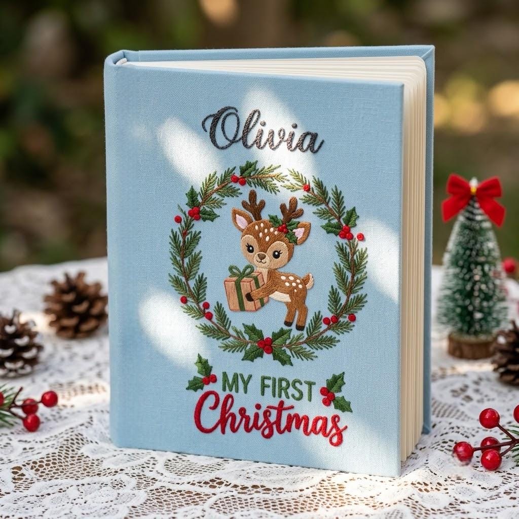 Personalized Embroidered Christmas Baby Memory Book, Deer Wreath Linen Scrapbook, Baby First Holiday Keepsake