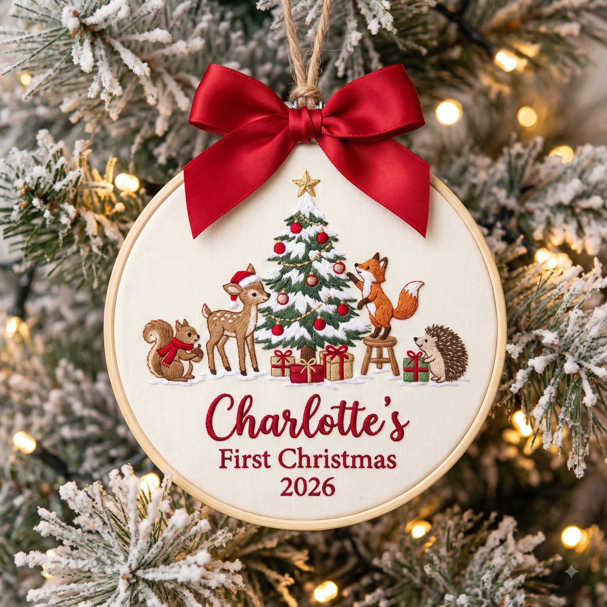 Custom Woodland Baby First Christmas Ornament, Cute Animals Embroidery Hoop, Personalized Name 2026 Keepsake, Newborn Holiday Gift