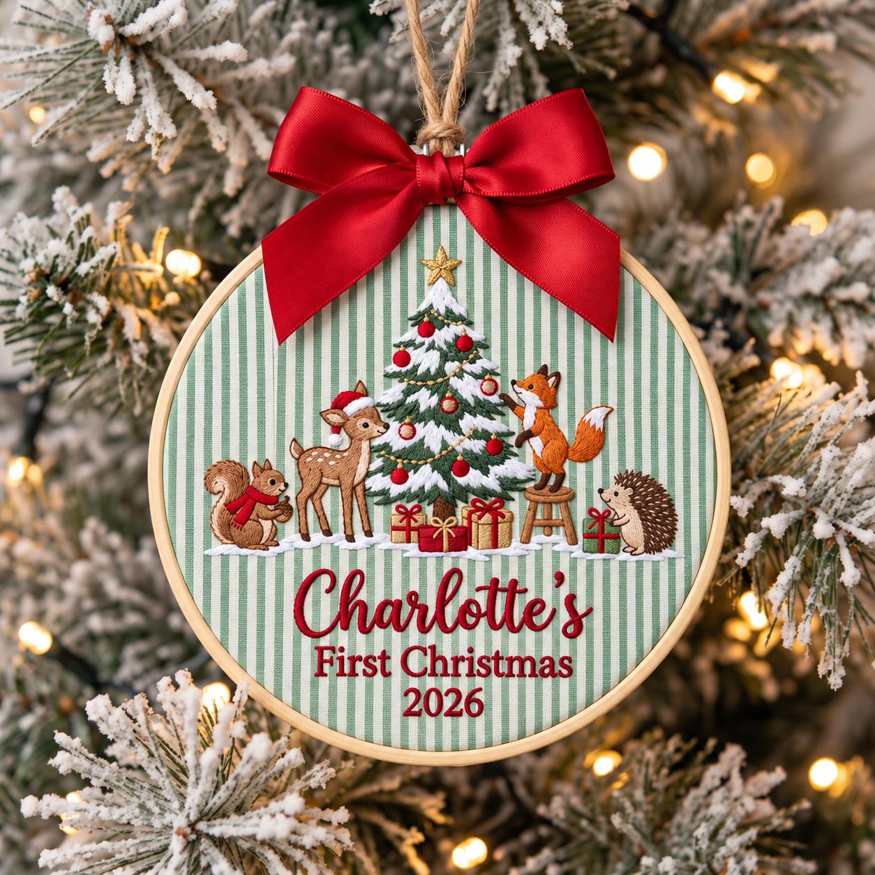 Custom Woodland Baby First Christmas Ornament, Cute Animals Embroidery Hoop, Personalized Name 2026 Keepsake, Newborn Holiday Gift
