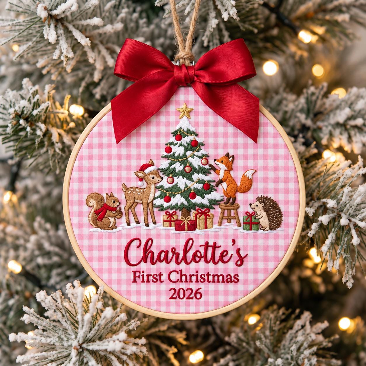 Custom Woodland Baby First Christmas Ornament, Cute Animals Embroidery Hoop, Personalized Name 2026 Keepsake, Newborn Holiday Gift