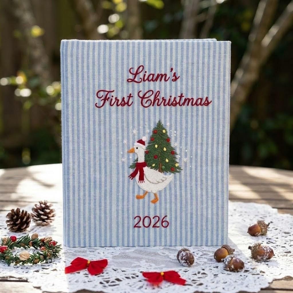 Embroidered Baby First Christmas Photo Album, Custom Name Newborn Keepsake, Christmas Goose Memory Book