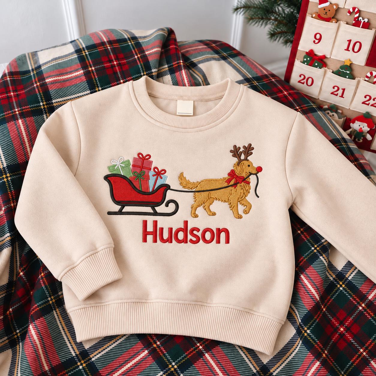 Personalized Christmas Toddler Sweatshirt, Embroidered Golden Retriever Reindeer Sweater, Custom Name Kids Christmas Gift