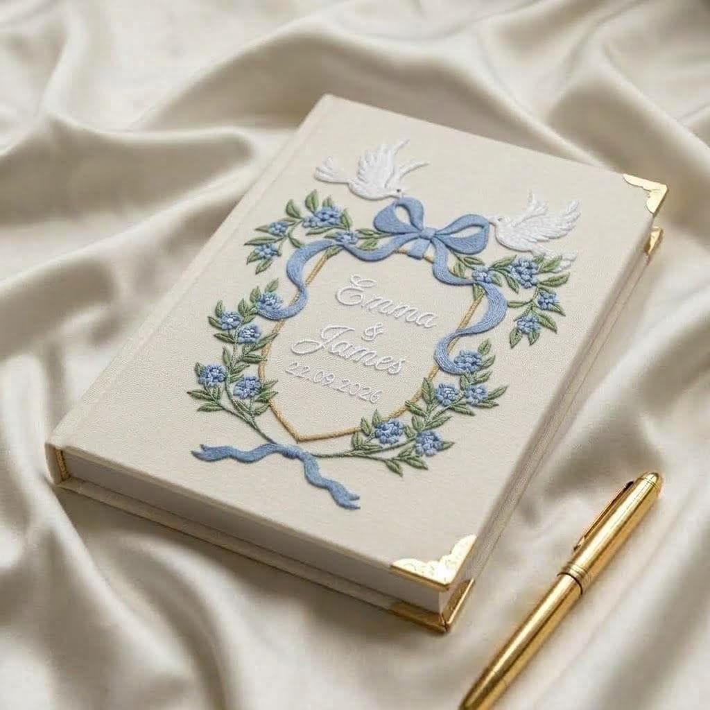 Personalized Wedding Photo Album, Embroidered Guest Book with Doves, Custom Linen Scrapbook, Bridal Shower Gift