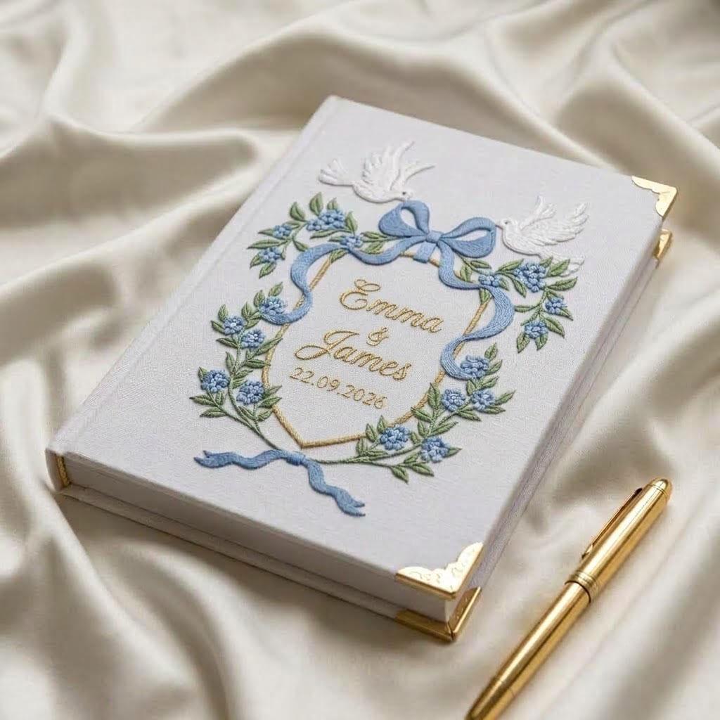 Personalized Wedding Photo Album, Embroidered Guest Book with Doves, Custom Linen Scrapbook, Bridal Shower Gift