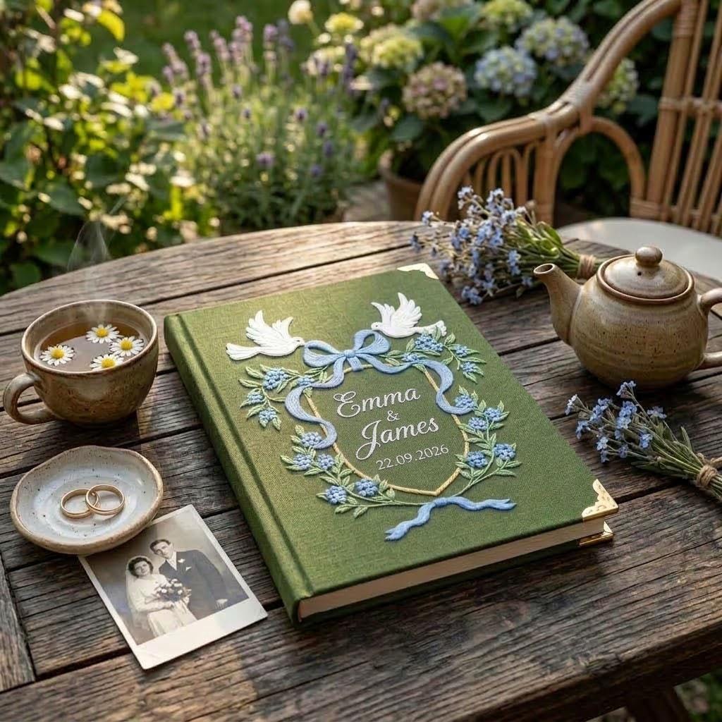 Personalized Wedding Photo Album, Embroidered Guest Book with Doves, Custom Linen Scrapbook, Bridal Shower Gift