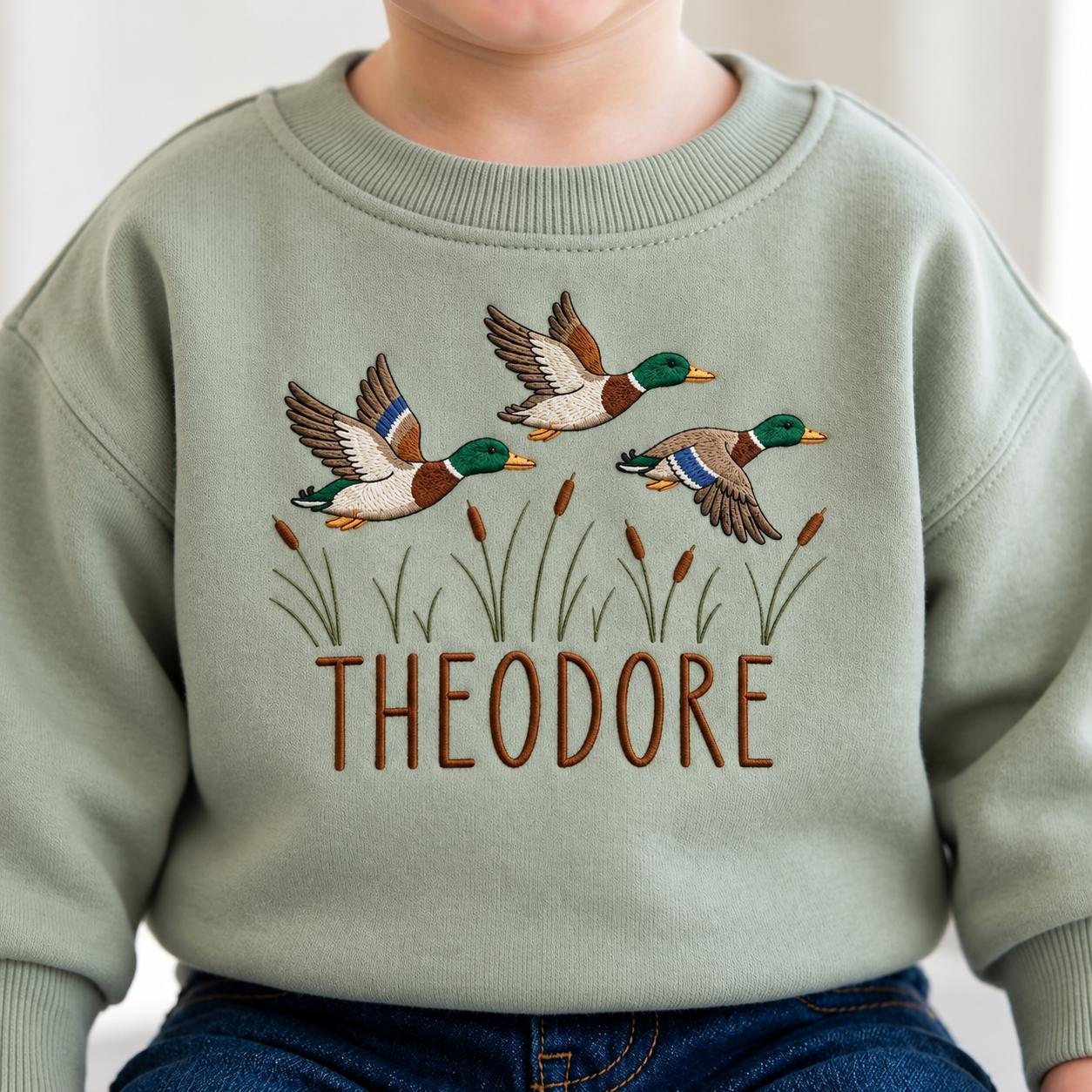 Personalized Mallard Duck Toddler Sweatshirt, Custom Name Embroidered Kids Crewneck, Hunting Duck Baby Boy Gift