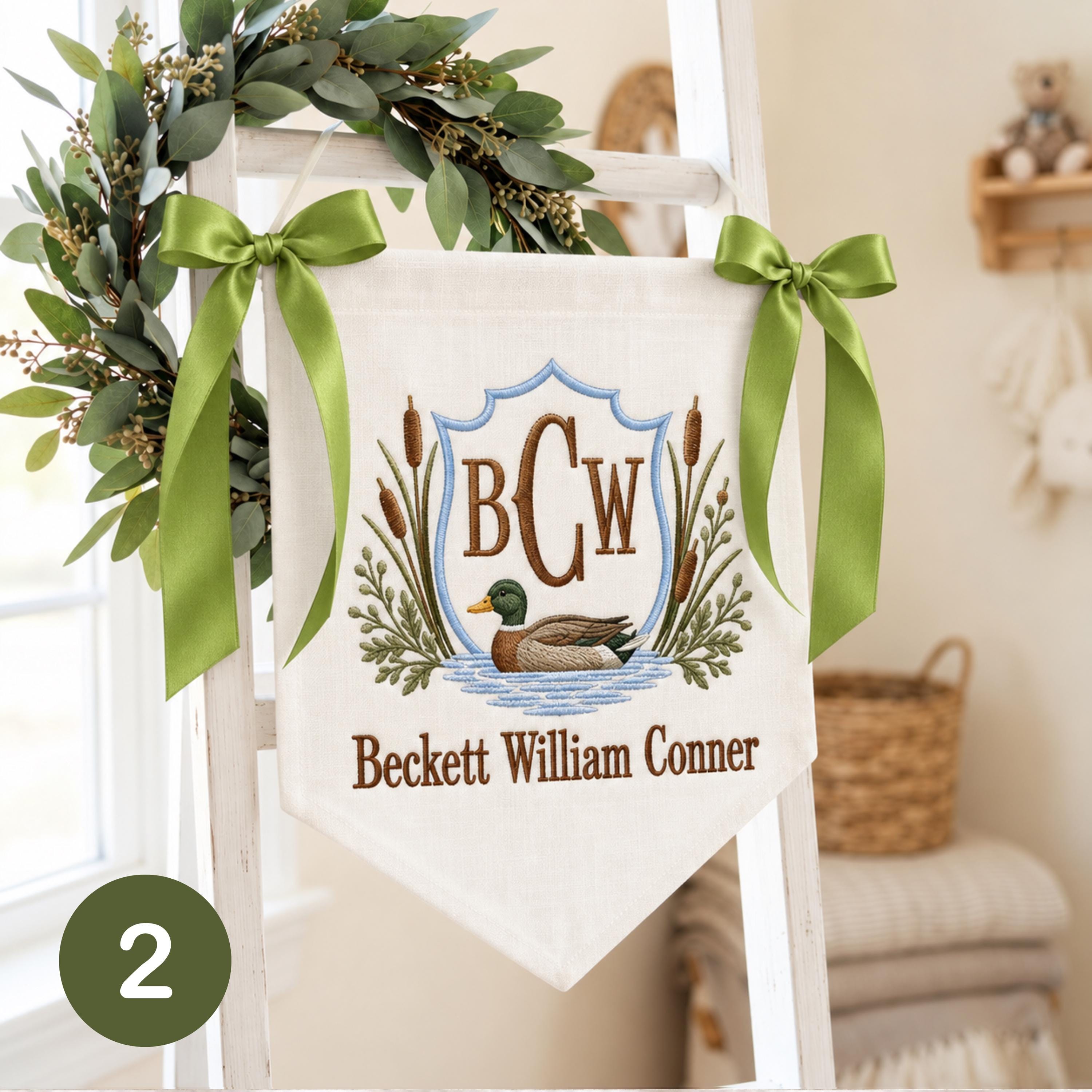 Personalized Baby Boy Hospital Banner, Embroidered Name & Monogram Nursery Sign, Hunting Themed Baby Shower Gift