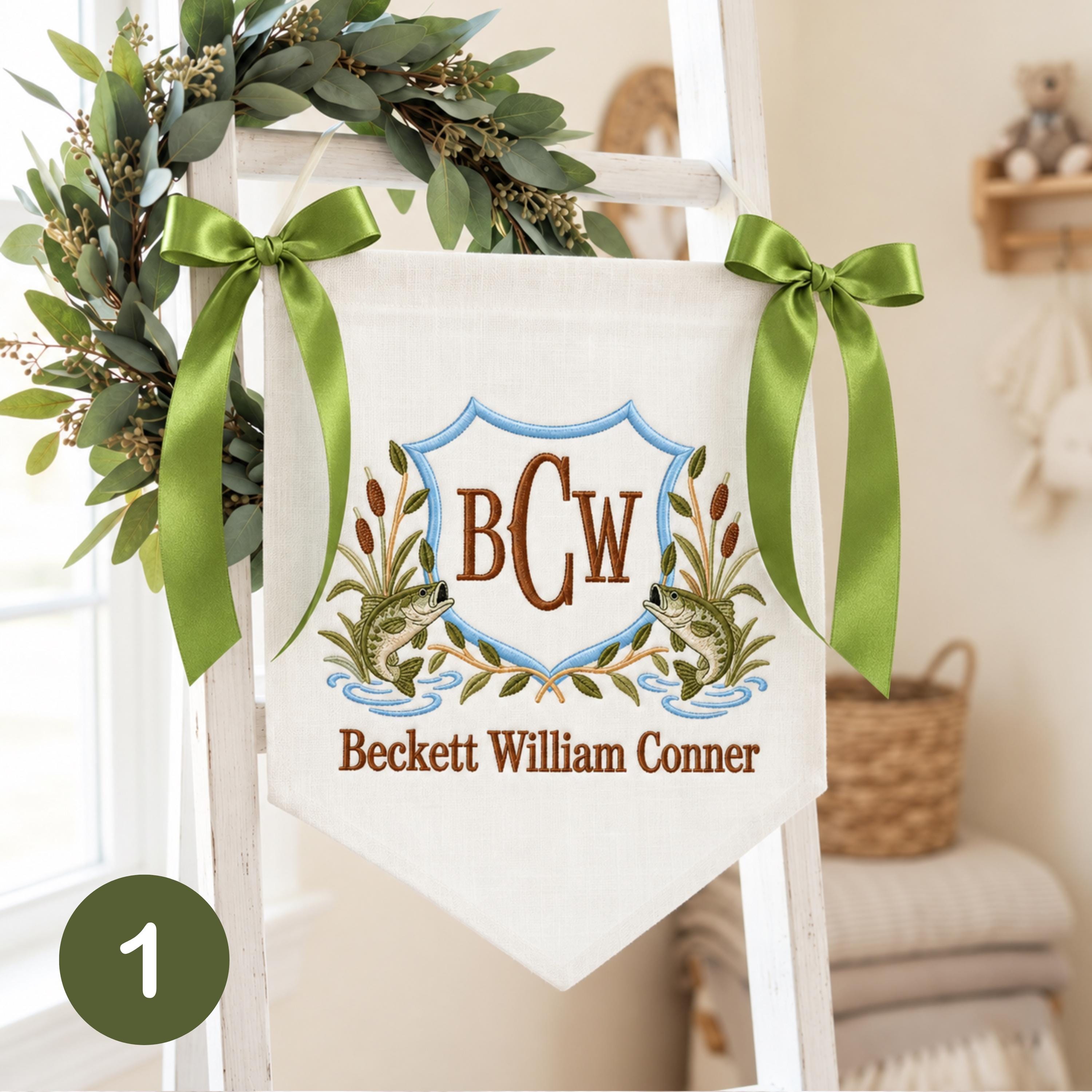 Personalized Baby Boy Hospital Banner, Embroidered Name & Monogram Nursery Sign, Hunting Themed Baby Shower Gift