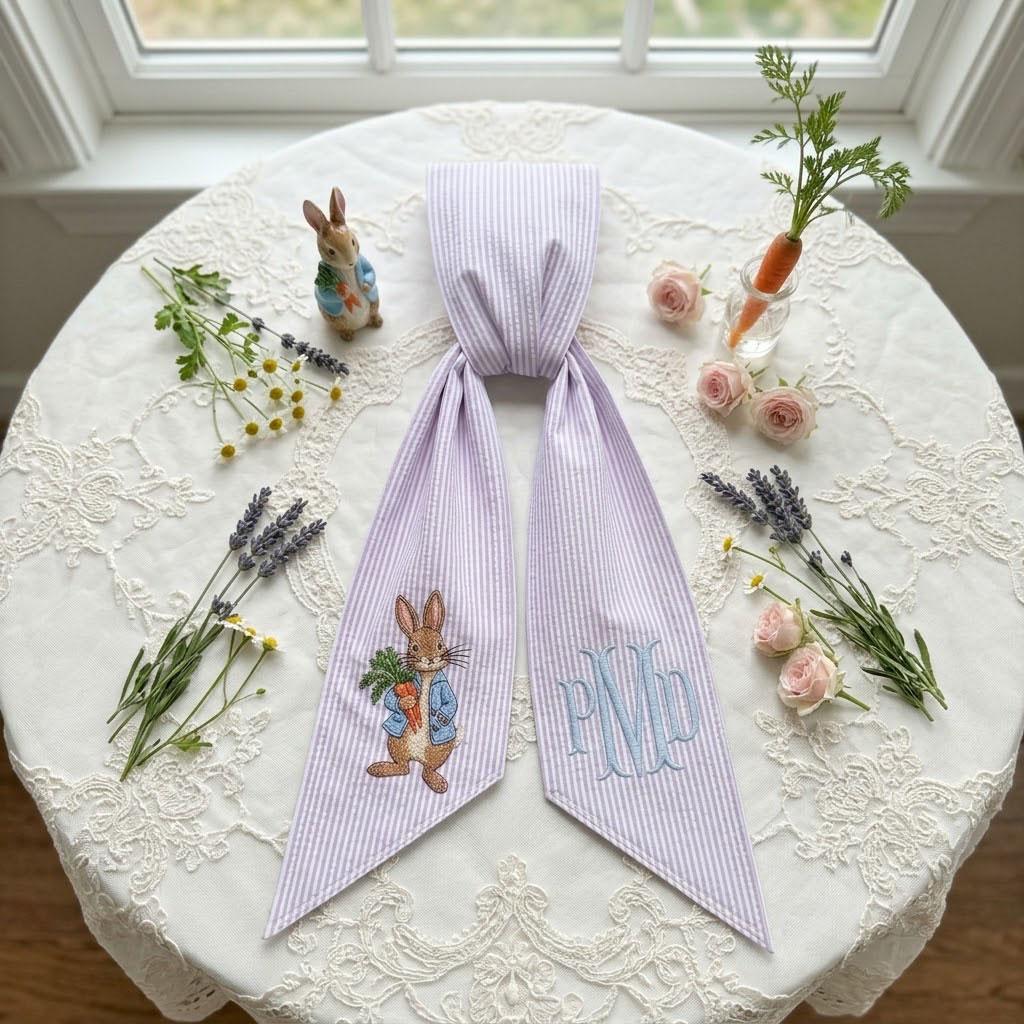 Peter Rabbit Monogram Wreath Sash, Easter Spring Door Decor, Custom Embroidered Bunny Striped Ribbon, Wreath Bow