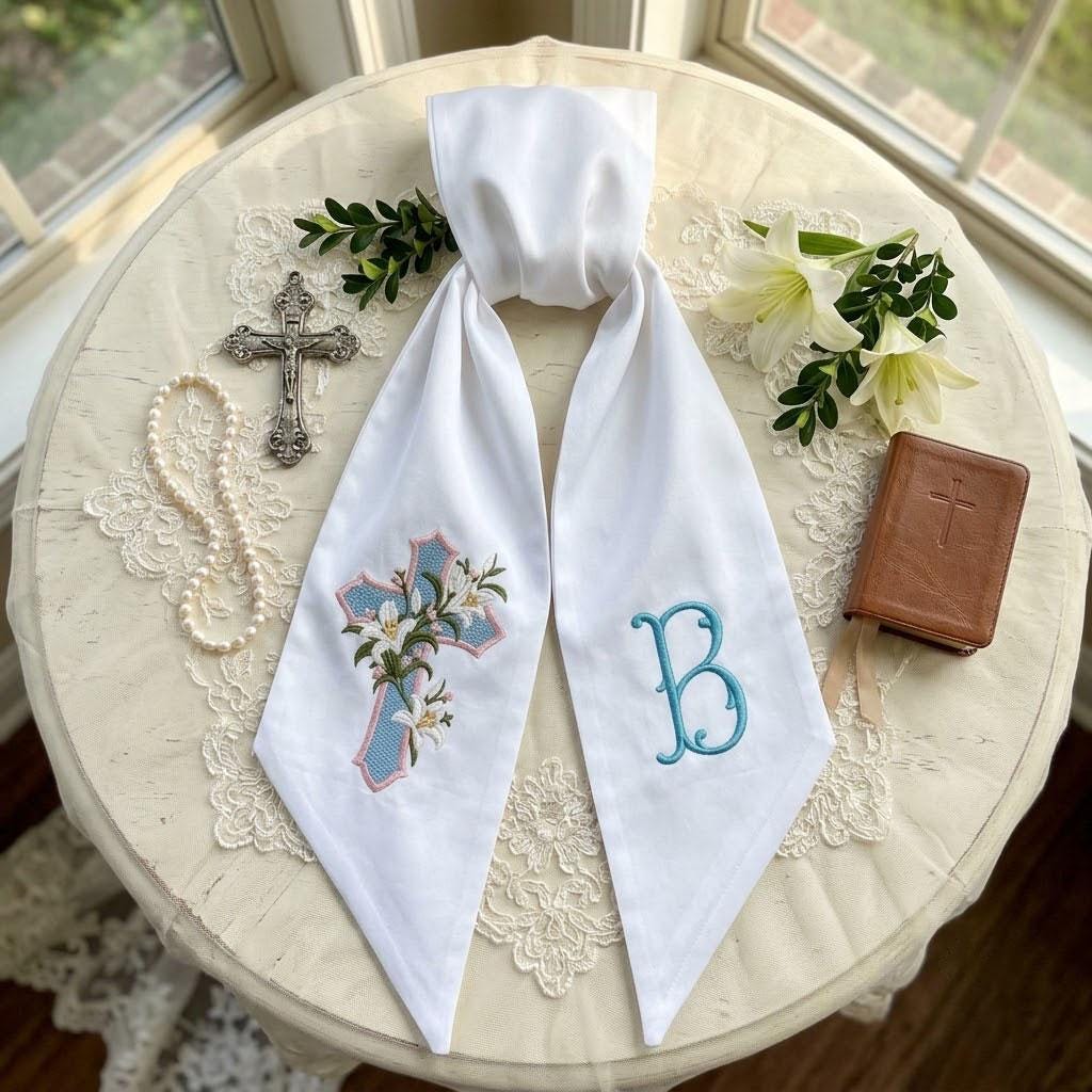 Embroidered Cross Wreath Sash, Monogram Door Hanger, Baptism Front Door Decor, Floral Cross Ribbon, Christening Gift