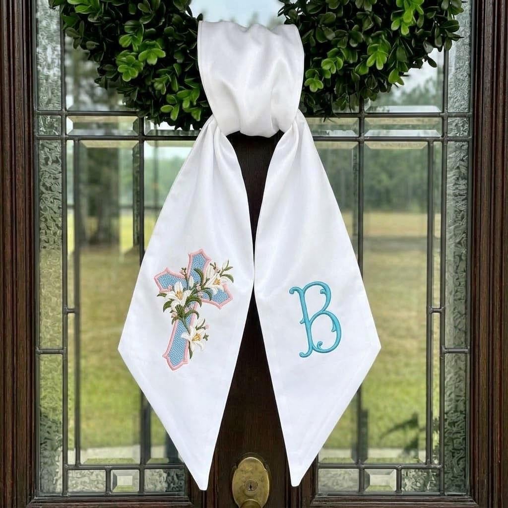 Embroidered Cross Wreath Sash, Monogram Door Hanger, Baptism Front Door Decor, Floral Cross Ribbon, Christening Gift
