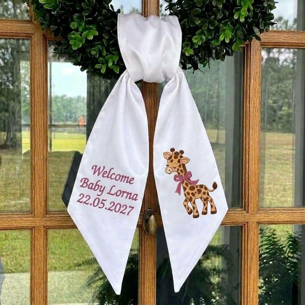Personalized Baby Wreath Sash, Embroidered Giraffe Welcome Ribbon, Custom Baby Name Door Decor, Baby Shower Gift, Nursery