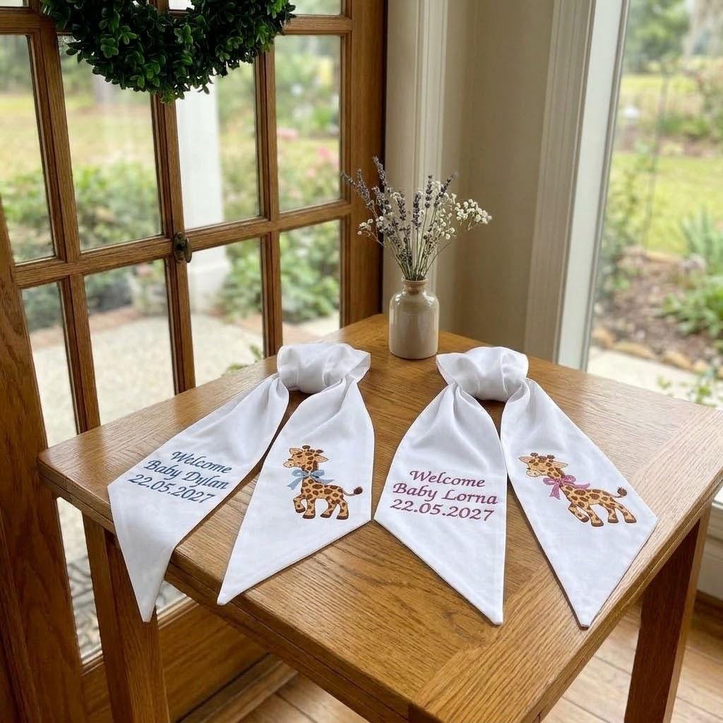 Personalized Baby Wreath Sash, Embroidered Giraffe Welcome Ribbon, Custom Baby Name Door Decor, Baby Shower Gift, Nursery