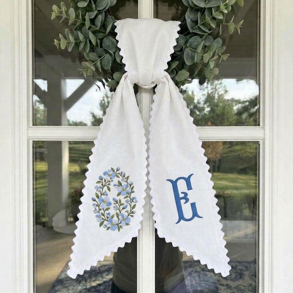 Custom Monogram Wreath Sash, Embroidered Floral Door Bow, Forget Me Not Ribbon, Spring Front Door Decor, Wedding Gift