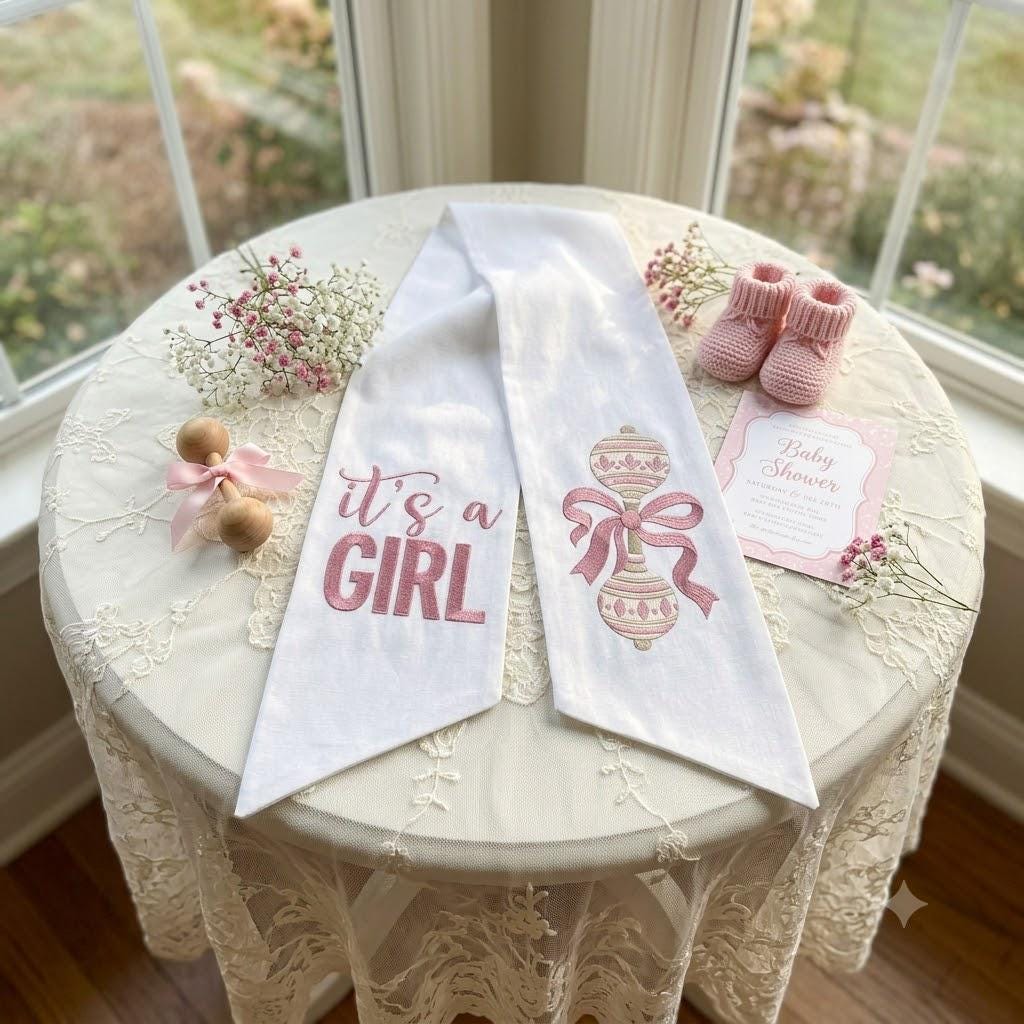 It's a Girl Wreath Sash, Baby Shower Decor, Rattle Door Hanger, Welcome Baby Girl, Nursery Ribbon, Pink Front Door Bow, Hospital Sash
