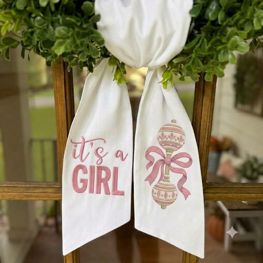 It's a Girl Wreath Sash, Baby Shower Decor, Rattle Door Hanger, Welcome Baby Girl, Nursery Ribbon, Pink Front Door Bow, Hospital Sash