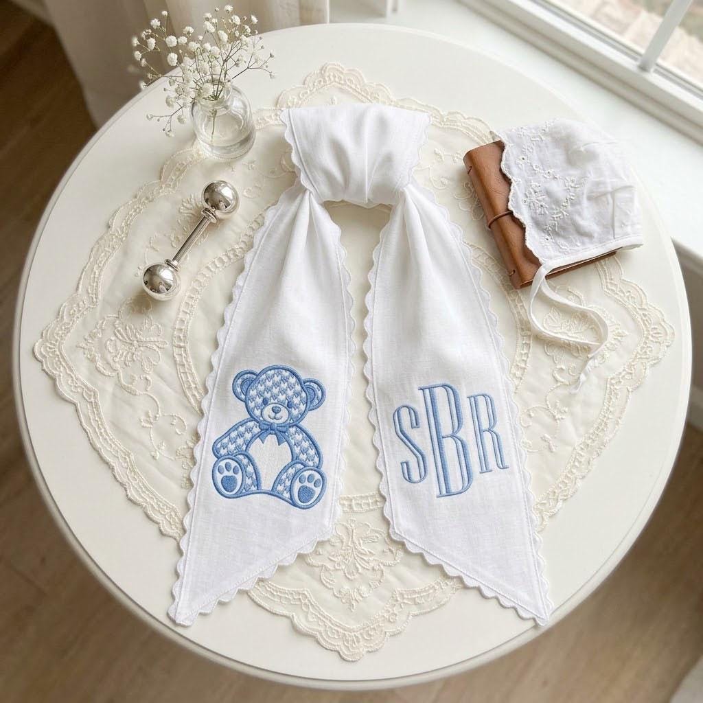 Teddy Bear Wreath Sash, Custom Monogram Nursery Decor, Scalloped Bow, Baby Boy Shower Gift, Baptism Keepsake