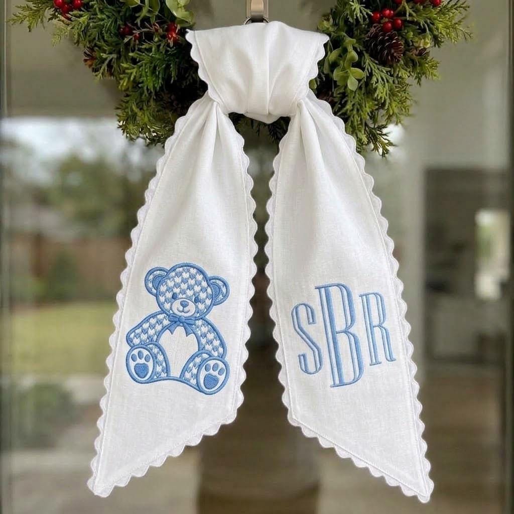 Teddy Bear Wreath Sash, Custom Monogram Nursery Decor, Scalloped Bow, Baby Boy Shower Gift, Baptism Keepsake