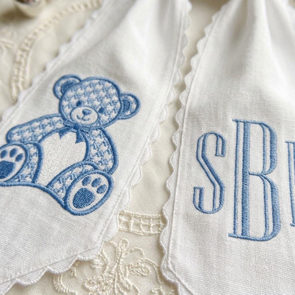 Teddy Bear Wreath Sash, Custom Monogram Nursery Decor, Scalloped Bow, Baby Boy Shower Gift, Baptism Keepsake
