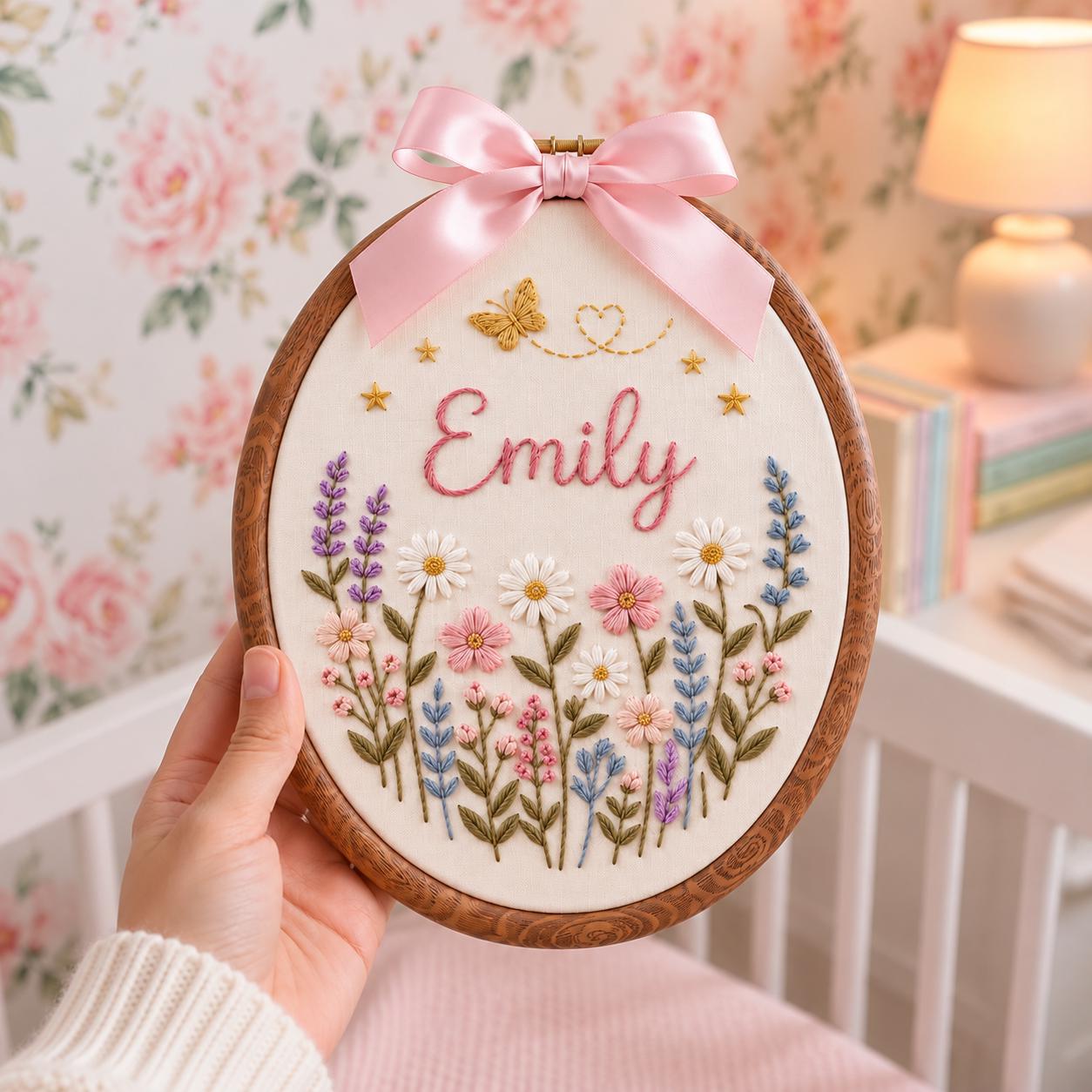 Custom Baby Name Sign, Floral Embroidered Hoop, Personalized Nursery Decor, Baby Girl Shower Gift, Flower Name Wall Art Plaque