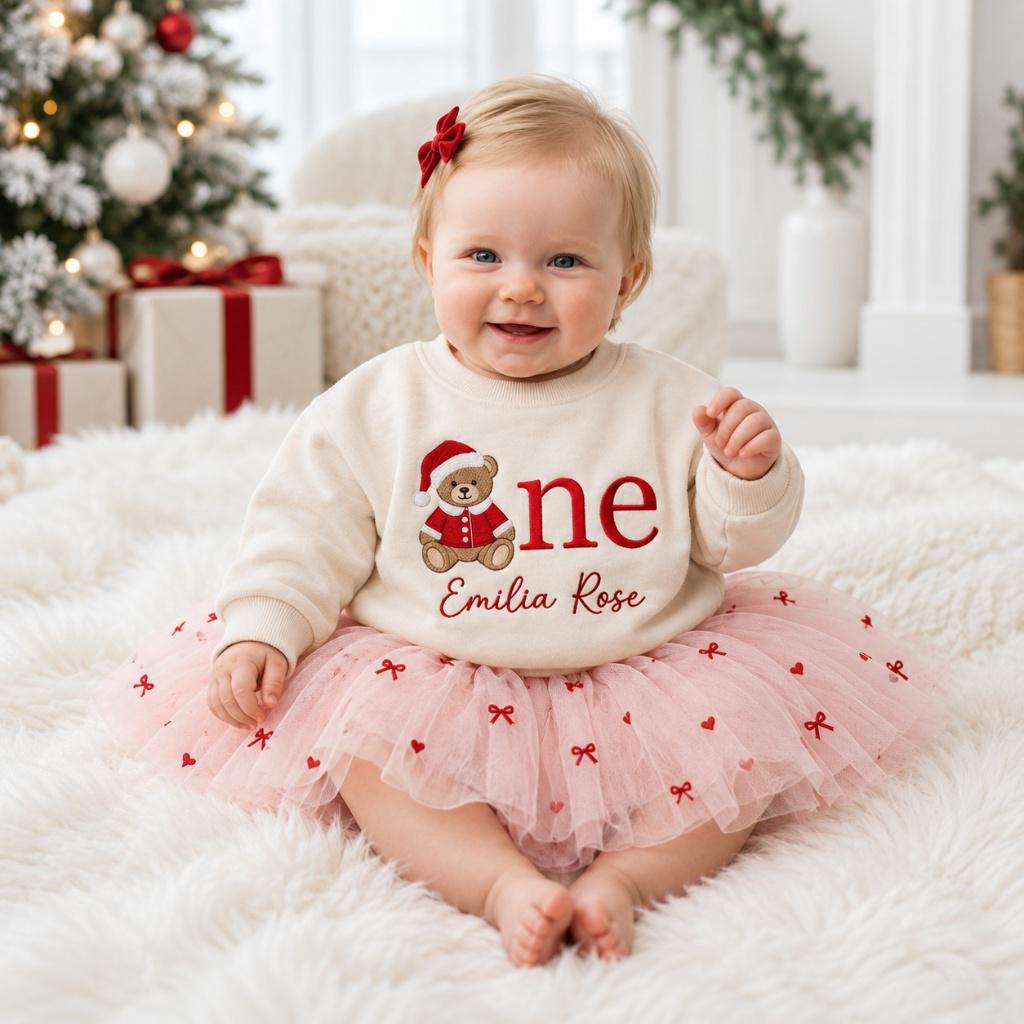 Custom 1st Birthday Teddy Bear Sweater, Personalized Baby First Christmas Sweatshirt, Toddler Holiday Outfit, Winter Name Shirt