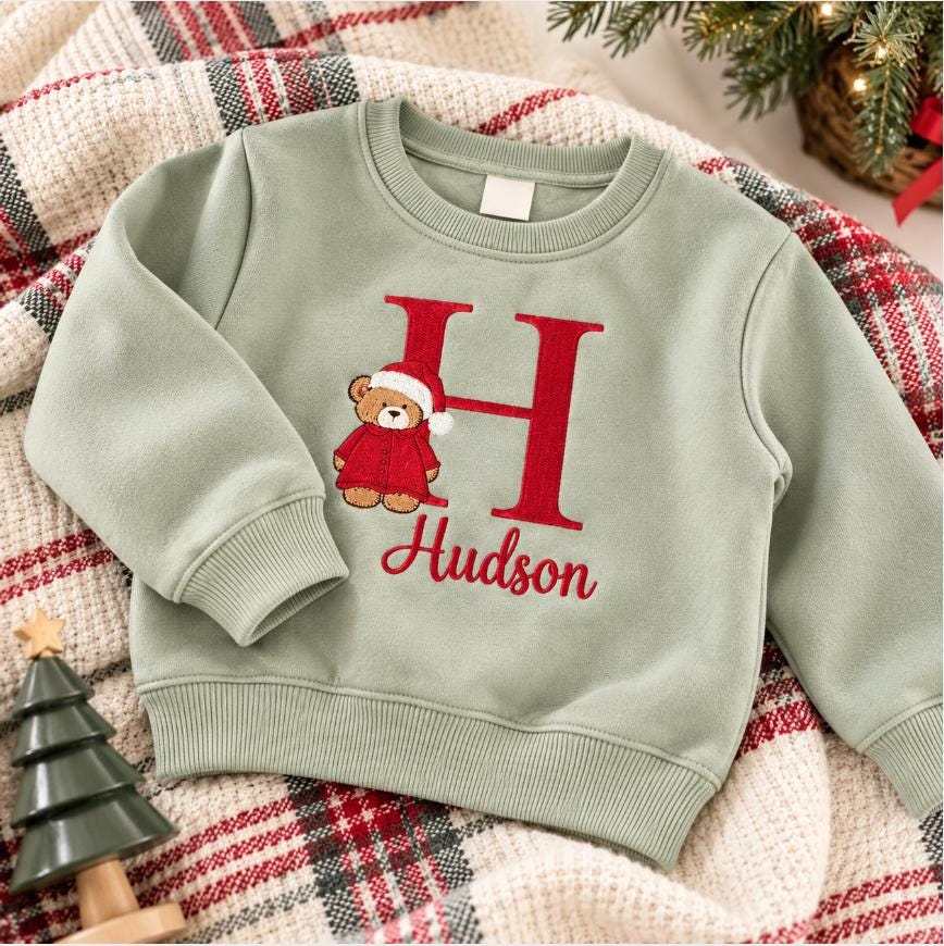 Custom Teddy Bear Christmas Toddler Sweatshirt, Personalized Name Baby Sweater, Holiday Kids Outfit, Cute Xmas Gift
