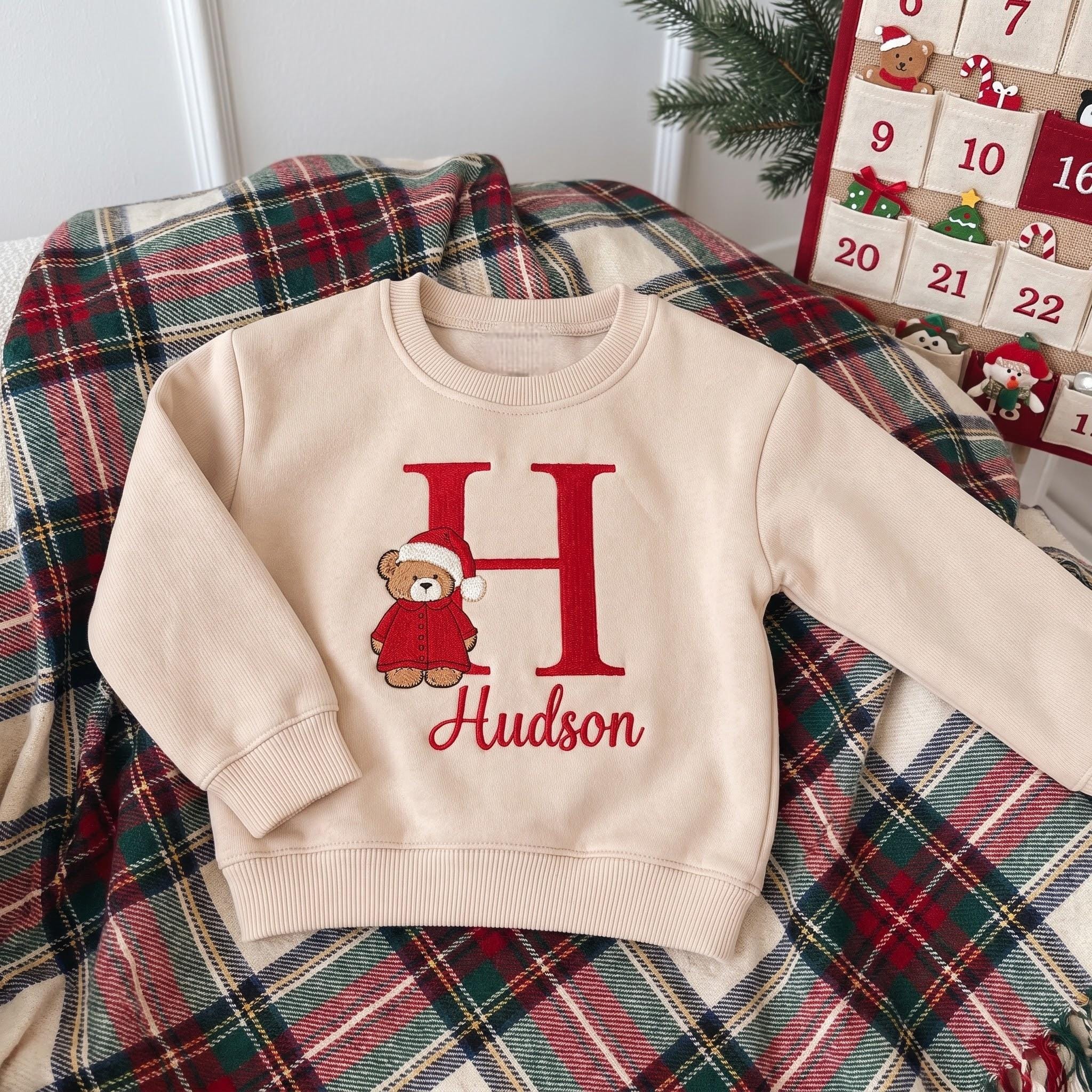 Custom Teddy Bear Christmas Toddler Sweatshirt, Personalized Name Baby Sweater, Holiday Kids Outfit, Cute Xmas Gift