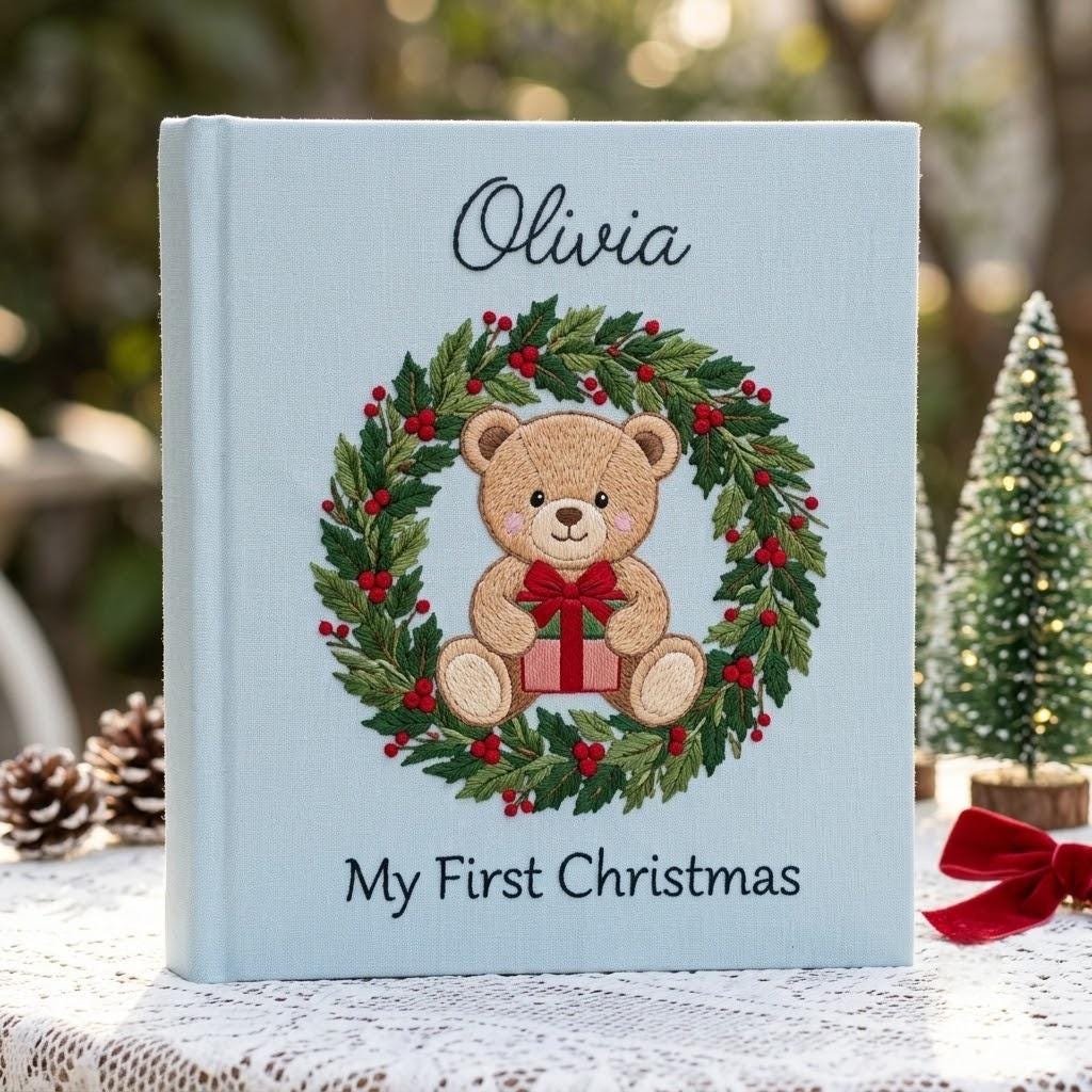 Baby First Christmas Photo Album, Embroidered Teddy Bear Keepsake Memory Book, Personalized Holiday Newborn Gift