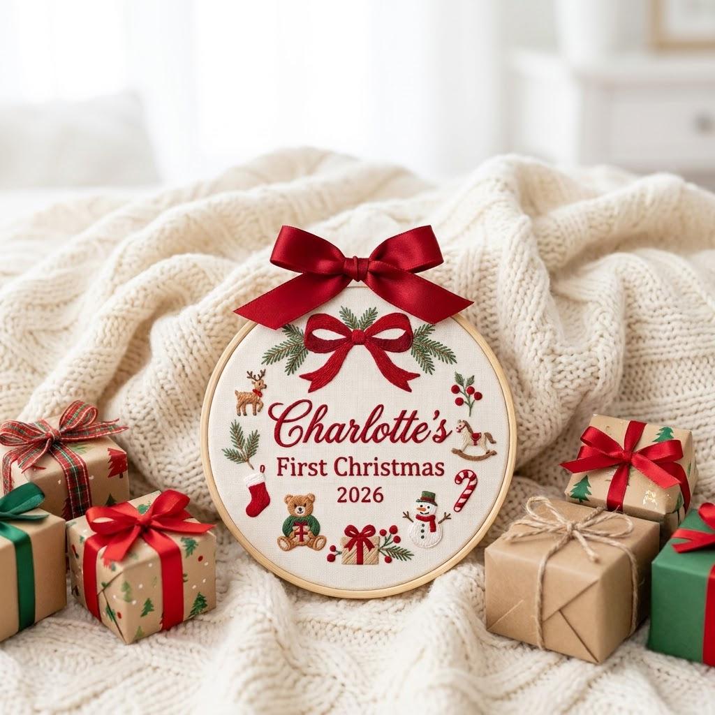 Personalized First Christmas Ornament, Baby First Christmas 2026, Embroidered Name Hoop, Custom Christmas Keepsake Gift
