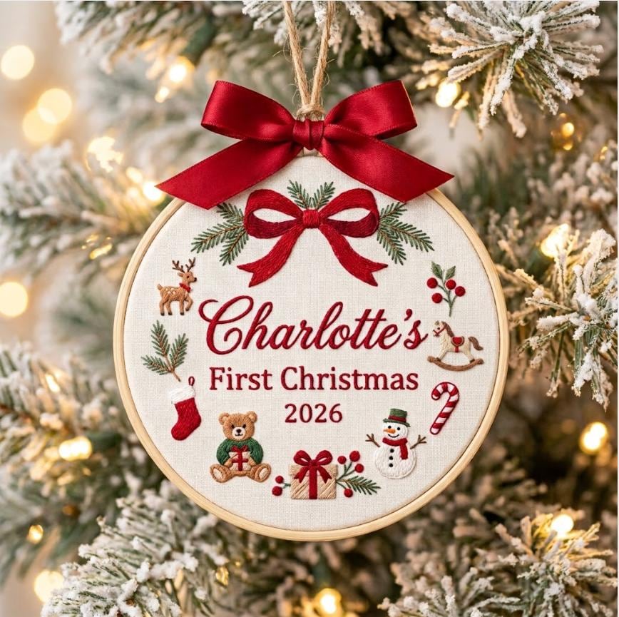 Personalized First Christmas Ornament, Baby First Christmas 2026, Embroidered Name Hoop, Custom Christmas Keepsake Gift