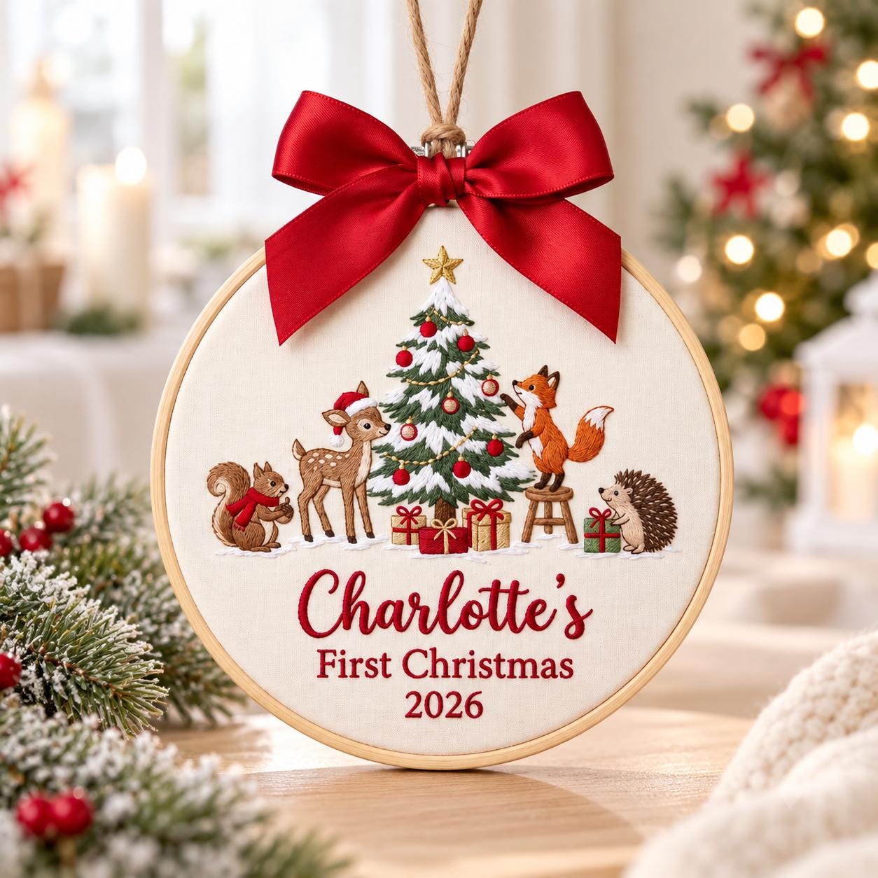 Custom Woodland Baby First Christmas Ornament, Cute Animals Embroidery Hoop, Personalized Name 2026 Keepsake, Newborn Holiday Gift