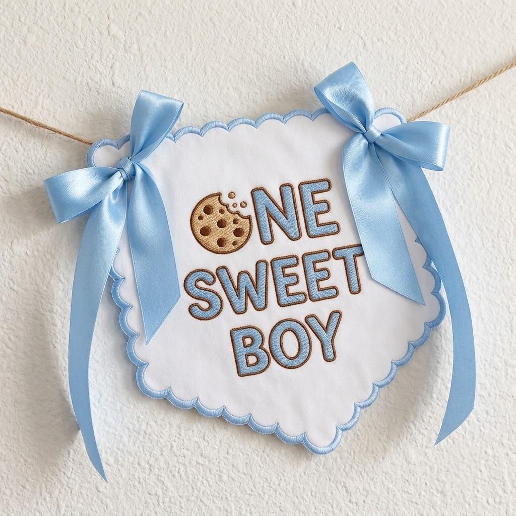 One Sweet Boy Birthday Banner, First Birthday Embroidered Banner, Bow Cookie Theme, 1st Birthday Party Decor, Baby Boy High Chair Banner