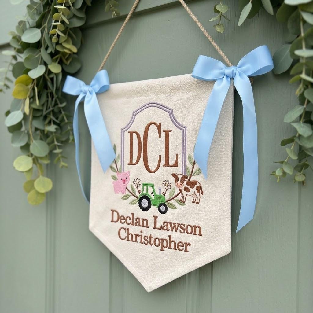 Custom Farm Tractor Nursery Banner, Custom Baby Name Nursery Wall Decor, Farm Theme Monogram Pennant, Baby Boy Shower Gift
