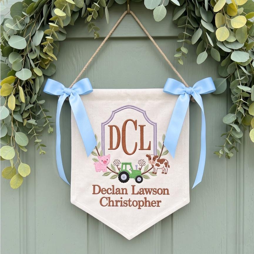 Custom Farm Tractor Nursery Banner, Custom Baby Name Nursery Wall Decor, Farm Theme Monogram Pennant, Baby Boy Shower Gift