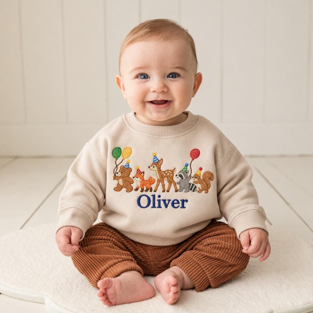Personalized Woodland Birthday Sweatshirt, Embroidered Forest Animals Baby Sweater, Custom Name Toddler Pullover, First Birthday Gift