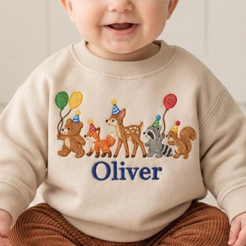 Personalized Woodland Birthday Sweatshirt, Embroidered Forest Animals Baby Sweater, Custom Name Toddler Pullover, First Birthday Gift