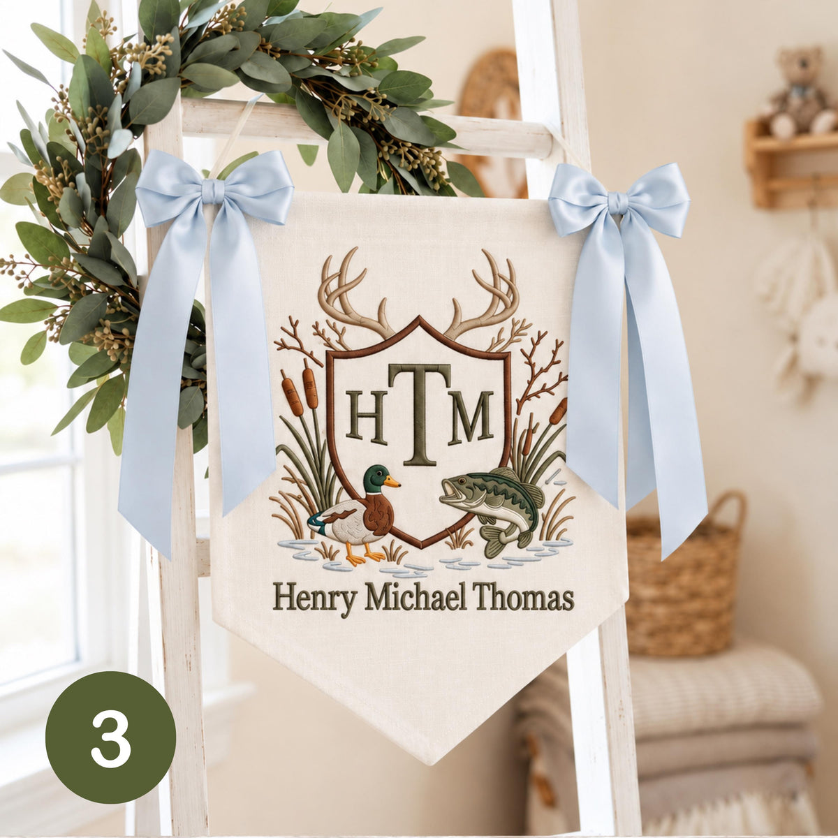 Personalized Baby Boy Hospital Banner, Embroidered Name & Monogram Nursery Sign, Hunting Themed Baby Shower Gift