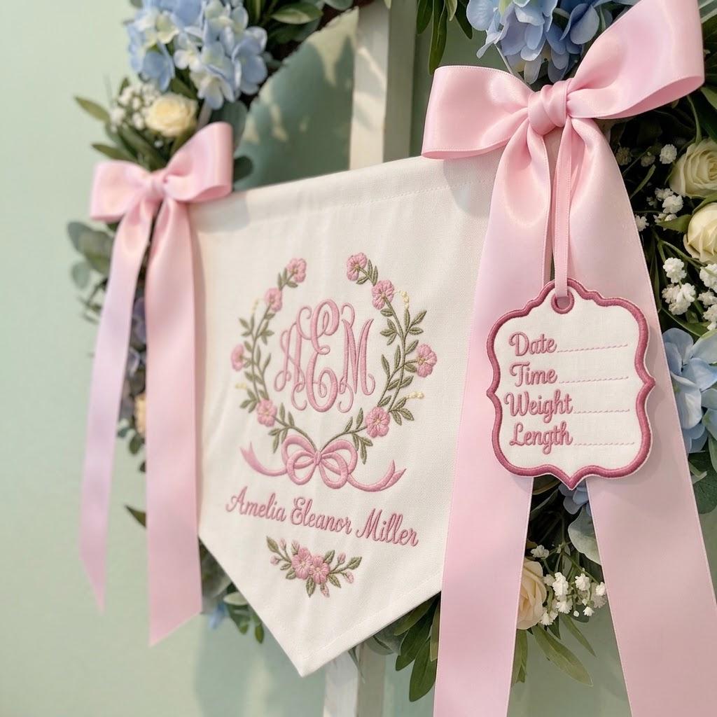 Personalized Baby Birth Announcement Wreath, Embroidered Name Banner, Floral Nursery Decor, Pink Bow Hospital Door Hanger, Baby Girl Gift