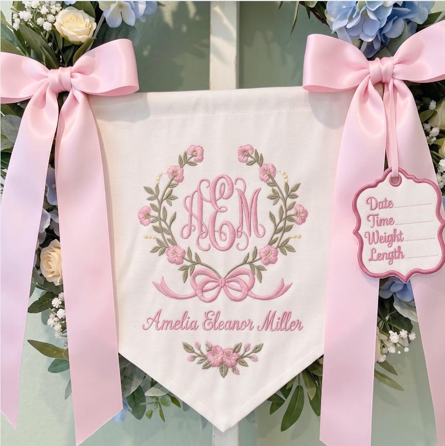 Personalized Baby Birth Announcement Wreath, Embroidered Name Banner, Floral Nursery Decor, Pink Bow Hospital Door Hanger, Baby Girl Gift