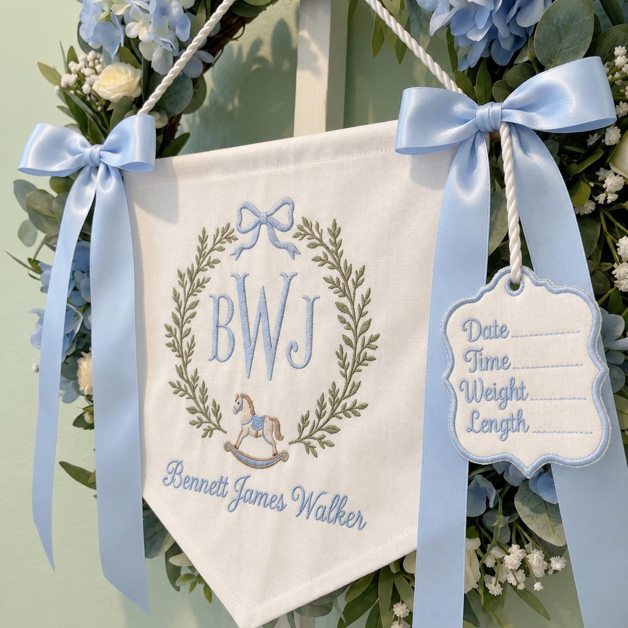 Personalized Rocking Horse Baby Birth Announcement Banner, Embroidered Baby Name Pennant, Blue Nursery Decor, Baby Boy Shower Gift