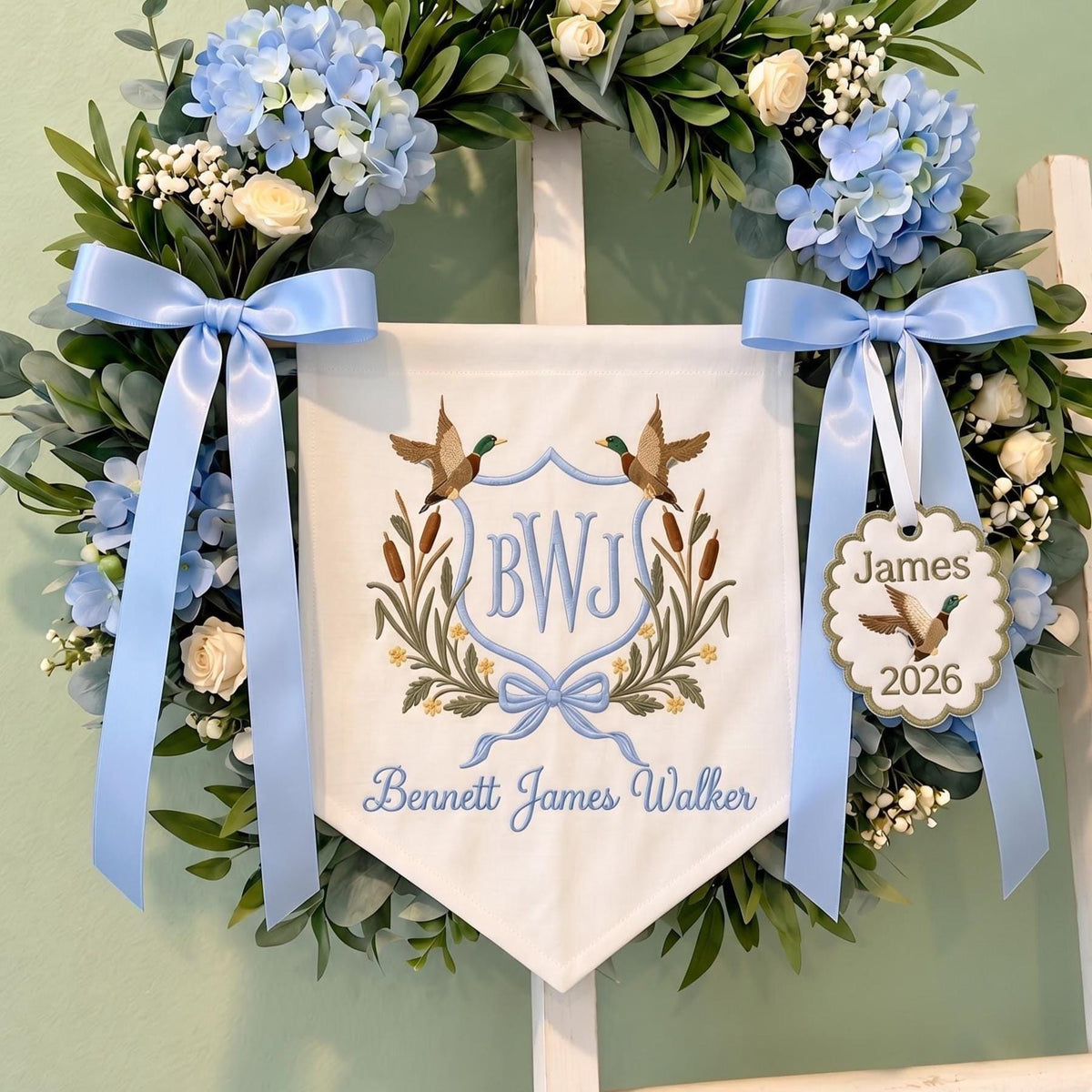 Personalized Duck Monogram Banner, Embroidered Name Birth Announcement, Hunting Nursery Bassinet Decor, Newborn Boy Gift