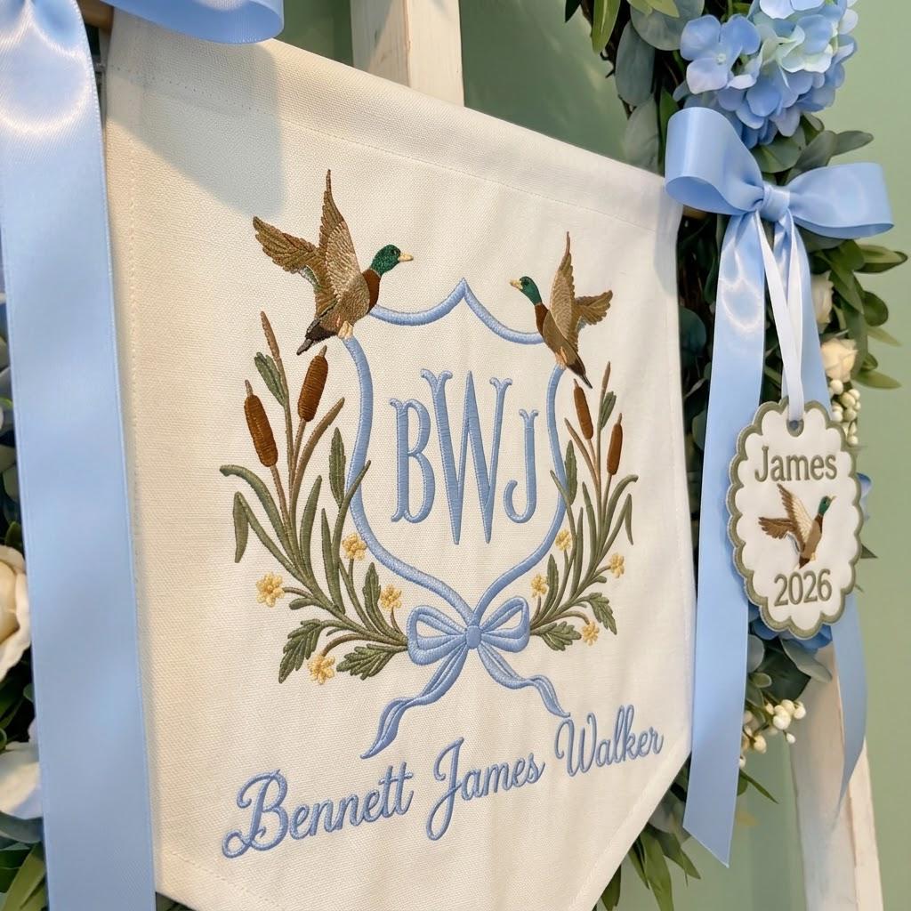 Personalized Duck Monogram Banner, Embroidered Name Birth Announcement, Hunting Nursery Bassinet Decor, Newborn Boy Gift