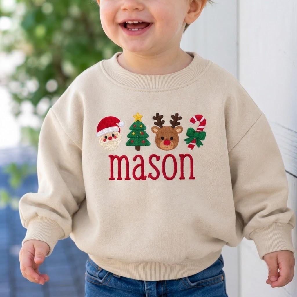 Personalized Toddler Christmas Sweatshirt, Embroidered Kids Christmas Sweater, Custom Name Santa Reindeer Holiday Pullover, Xmas Gift
