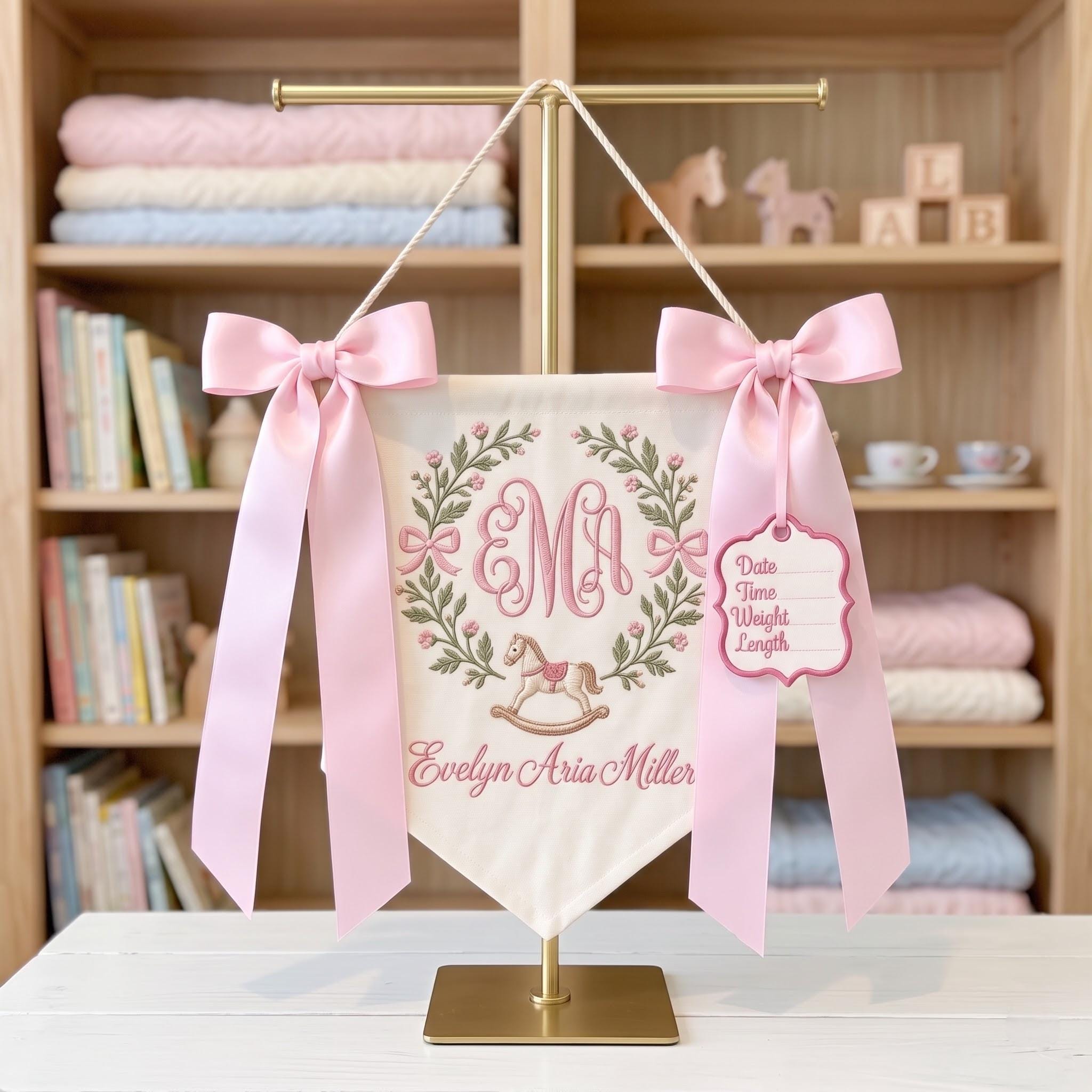 Personalized Rocking Horse Baby Girl Banner, Embroidered Birth Announcement, Custom Name Nursery Decor, Baby Shower Gift, Newborn Keepsake
