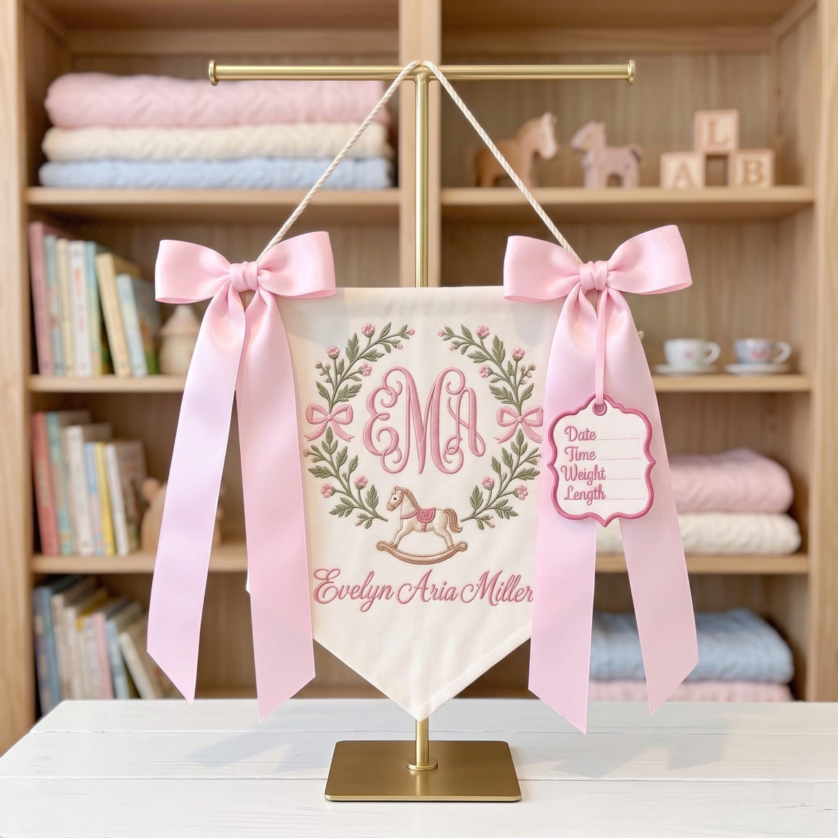 Personalized Rocking Horse Baby Girl Banner, Embroidered Birth Announcement, Custom Name Nursery Decor, Baby Shower Gift, Newborn Keepsake