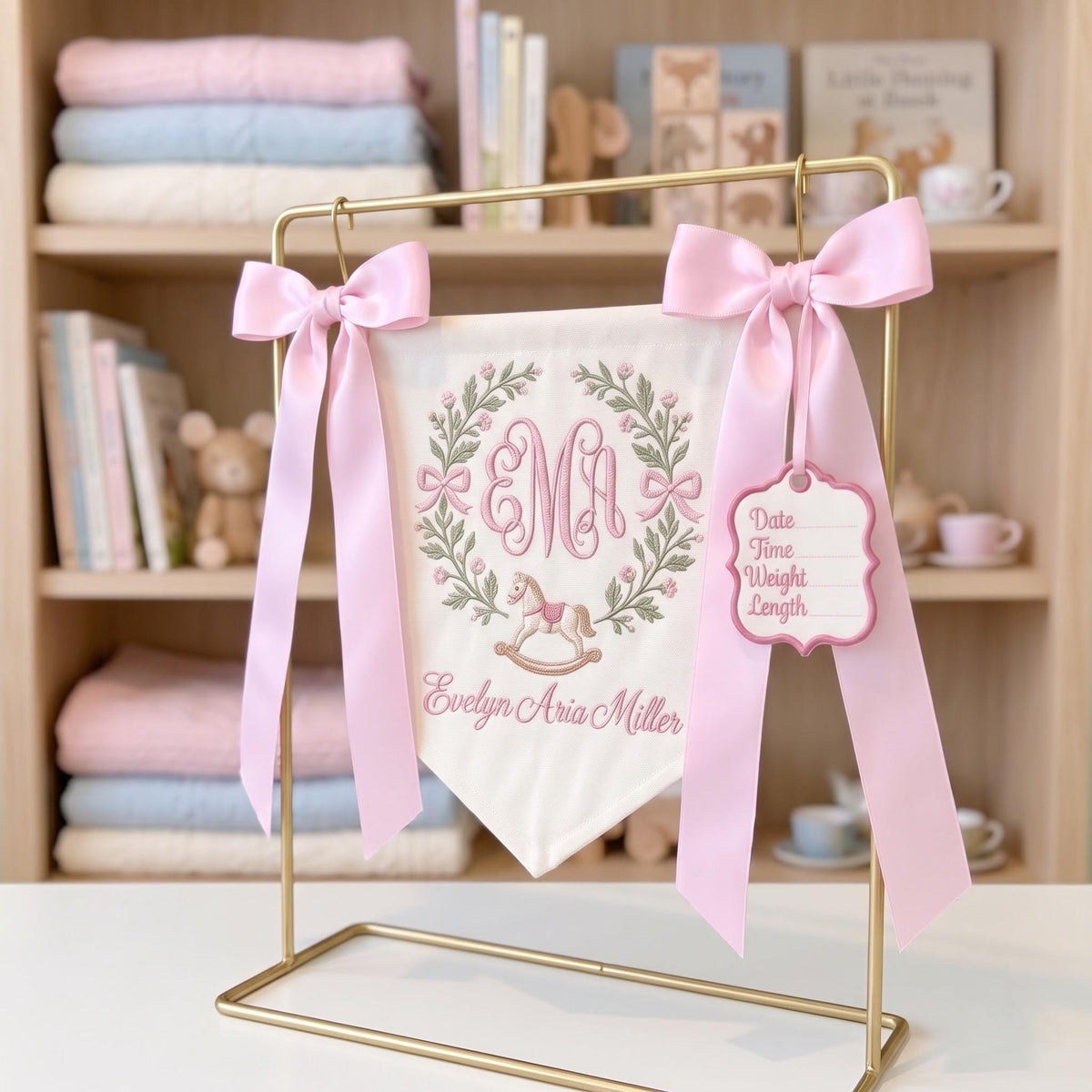 Personalized Rocking Horse Baby Girl Banner, Embroidered Birth Announcement, Custom Name Nursery Decor, Baby Shower Gift, Newborn Keepsake