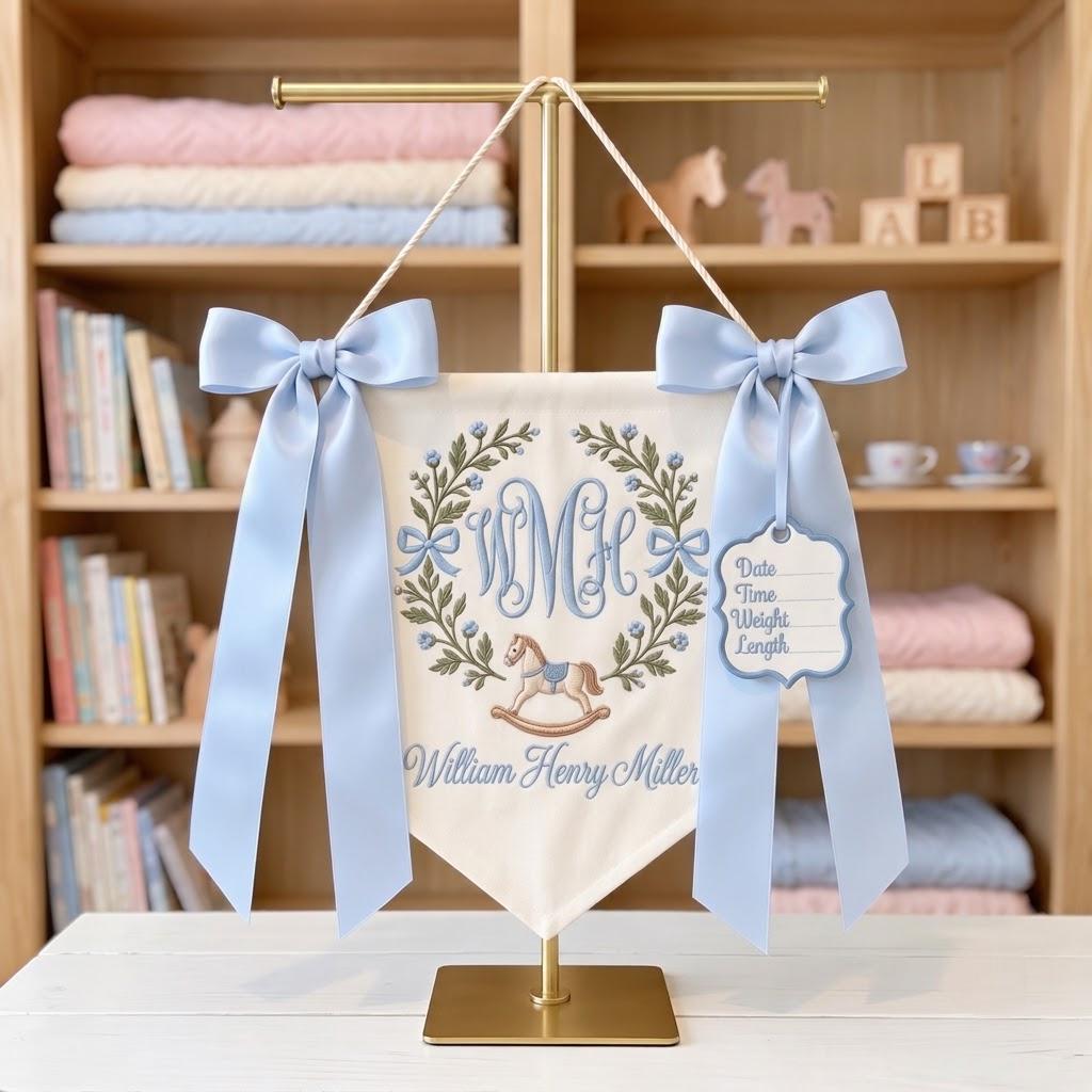 Personalized Baby Boy Rocking Horse Banner, Custom Embroidered Name & Monogram Pennant, Newborn Birth Announcement, Nursery Decor Gift