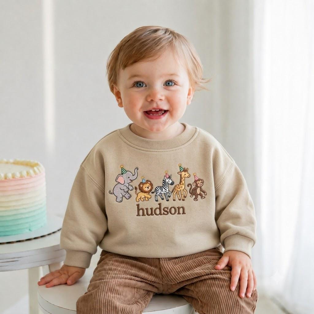Personalized Safari Animals Birthday Toddler Sweatshirt, Personalized Toddler Jungle Shirt, Baby Boy Birthday Outfit, Zoo Party Name Sweater