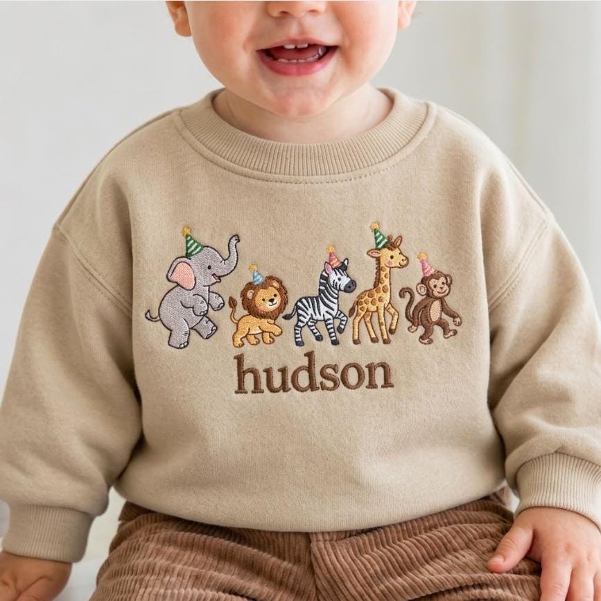 Personalized Safari Animals Birthday Toddler Sweatshirt, Personalized Toddler Jungle Shirt, Baby Boy Birthday Outfit, Zoo Party Name Sweater