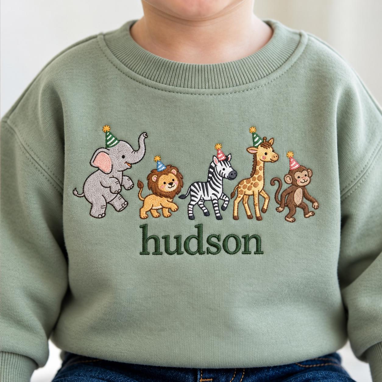 Personalized Safari Animals Birthday Toddler Sweatshirt, Personalized Toddler Jungle Shirt, Baby Boy Birthday Outfit, Zoo Party Name Sweater